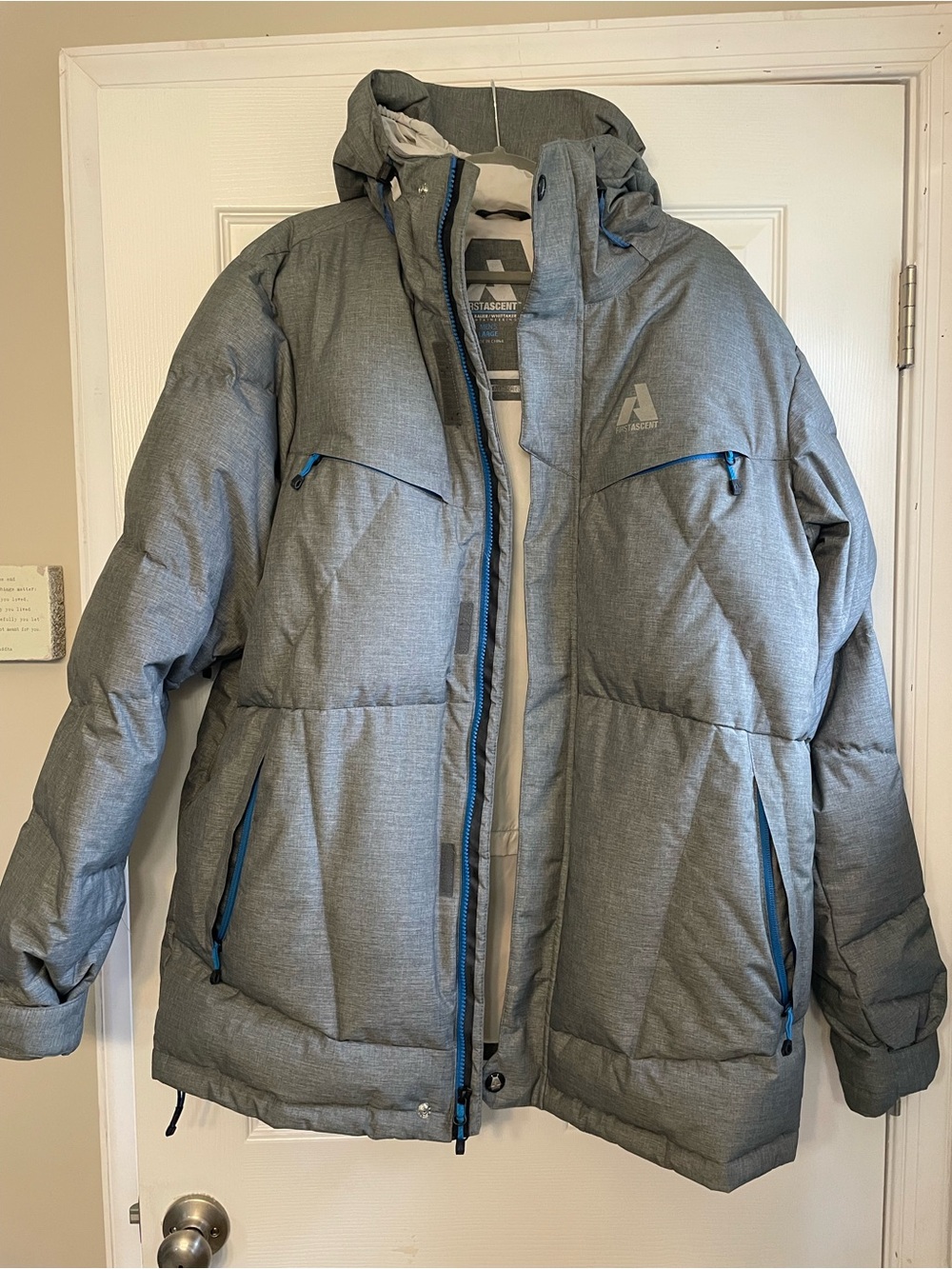 Eddie Bauer | Gray Men’s Down Puffer Jacket with Blue Zipper Accents